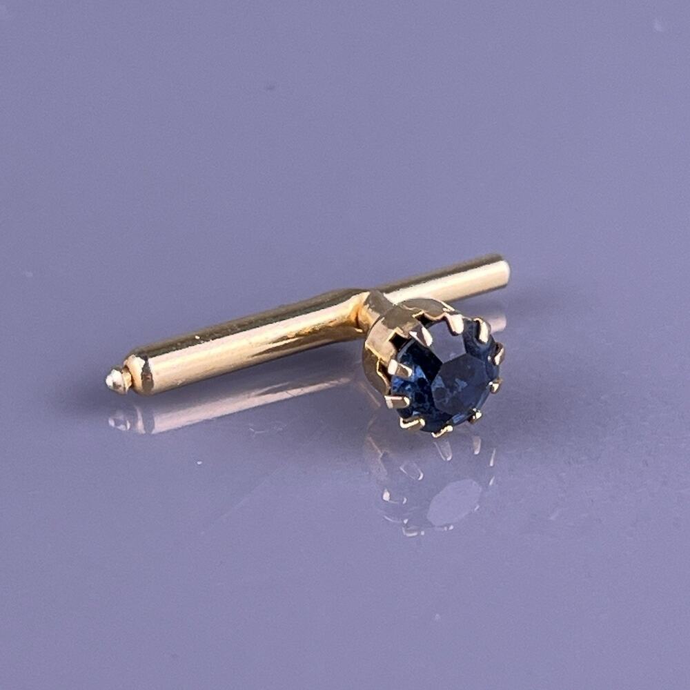 Single Blue Rhinestone Tuxedo Shirt Stud Gold Plated Round 1/4" Vintage